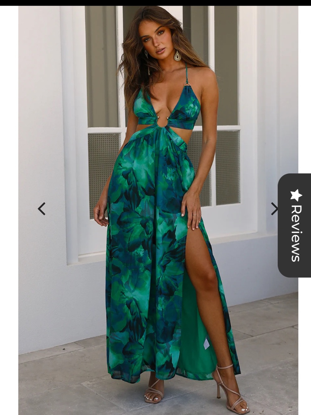 Runway The Label Green Floral Cutout Maxi Dress Side Slit Cameron vacation XS